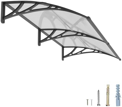 GUANSU 150x100cm Marquise de Porte Extérieure, Auvent Polycarbonate Anti-UV | Bloque UV & chaleur, Anti-pluie vent neige, Auvent porte d'entrée pour terrasse/balcon/fenêtre, Support ABS anti-rouille