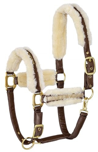 EQUESTRIAN QUEEN Verstellbares Pferdehalfter mit weichem Fellpolster, Karabinerhaken, ideal für Stall & Weide, Größen: Pony, Cob, Warmblut - Riga 24AW (Beige, Cob (Vollblut))