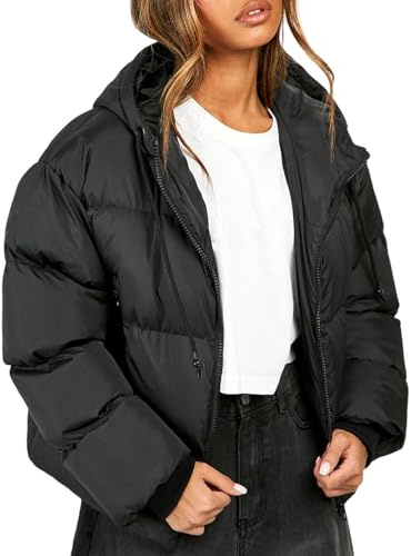 Yimoon Damen Cropped Puffer Jacke Langarm Leichte Kapuze Steppjacke Winter Warm Outwear mit Taschen, Schwarz, Klein