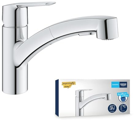 GROHE Start, Küchenarmatur für Vor-Fenster-Montage, 2 Strahlarten (Wasserhahn Küchen mit herausziehbarer Brause, 90° schwenkbar, wassersparend, werkzeugfreie Montage), chrom, 1012410000