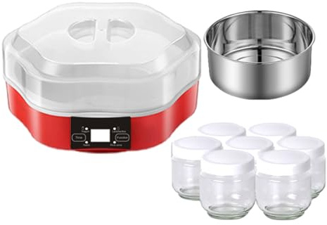 Genérico Yogurtera De 1,7 L, Automática para Uso Doméstico, con 7 Vasos De Vidrio, para Hacer Yogur Probiótico, con Barril Interior De Acero Inoxidable Fácil De Limpiar
