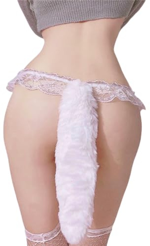 Women's Sexy Lace Panties Animal Fox Tail Decoration Thongs Knickers Tanga | Cheeky Low Rise Underwear Lingerie Therian Plush Tail Hollow Out Hipster G String for Halloween Cosplay Party