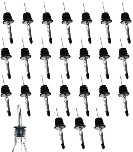 Zenfony 24Pcs Stainless Steel Pourers, Control F-low Liquor Bottle Pourers with Silicone Caps, Liquor Freeflow Spirits Wine Bottle Spirit Pourer, Tapered Spout for Spirits, Vinegar, Olive Oil, Syrup