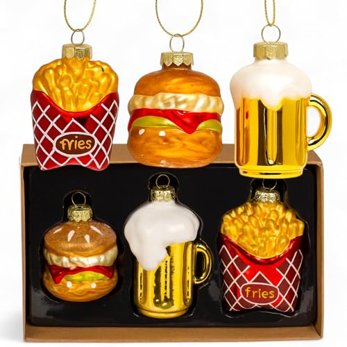 MIJOMA Glas Weihnachtsbaumschmuck 3er Set - Ausgefallene Christbaumkugeln Deko Hänger Vintage Design - Baumschmuck aus Glas mit Metallöse -Originelle Weihnachtsdeko (Fast Food)