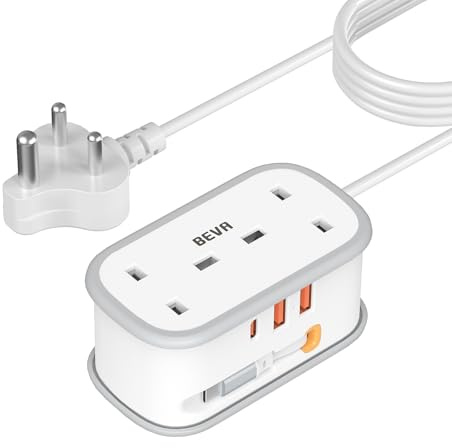 South Africa Plug Adapter with 1.5M Extension Cable, BEVA 2 Way 3 USB (2A+1C) Power Adapter with Retractable USB C Cable for UK to South Africa, Namibia, Swaziland, Lesotho, Bhutan (Type M)