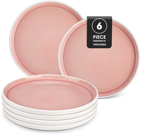 Steingut Teller Set 6 personen, vancasso ELBA Speiseteller flach ø 26 cm, Essteller für Pasta, Salat, Dessert, Frühstück, Geschirr für Spülmaschine und Mikrowelle, Servierteller mit randerhöhung, Rosa