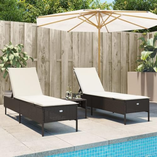 Mandloder Sonnenliegen mit Auflagen 2er Set Braun Poly Rattan 5-Fach verstellbar Rückenlehne Bequeme Relaxliege Garten Terrassen Strandliege stabile Chaiselongue Pflegeleichte Gartenliegen