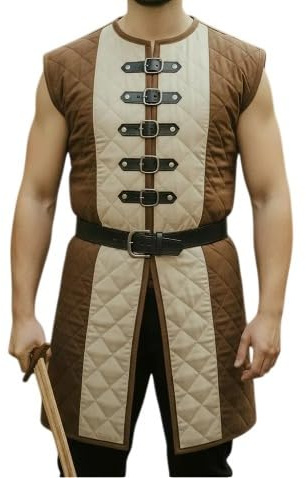 Medieval Quilted Gambeson Vest for Men – Sleeveless Padded Armor Tunic with Buckles for LARP & SCA. (3XL)