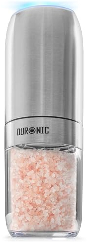 Duronic EMB1 Electric Salt and Pepper Grinder 25W Automatic Gravity Salt Shaker Battery Powered Pepper Mills, One Handed Spice Grinder Combined Mill with LED Light, Adjustable Coarseness