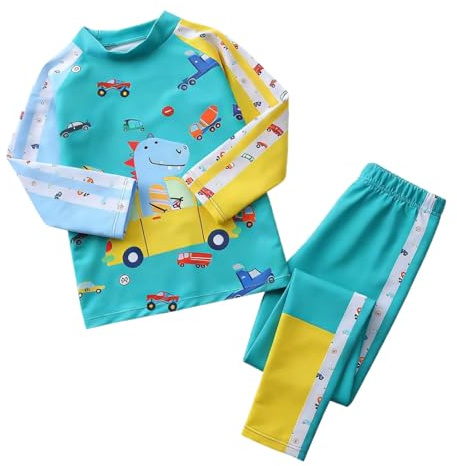 Generisch Maglia da bagno a maniche lunghe con pantaloni abbinati per ragazzi come abbigliamento solare per nuoto, surf, sport acquatici, verde, 8-9 Anni