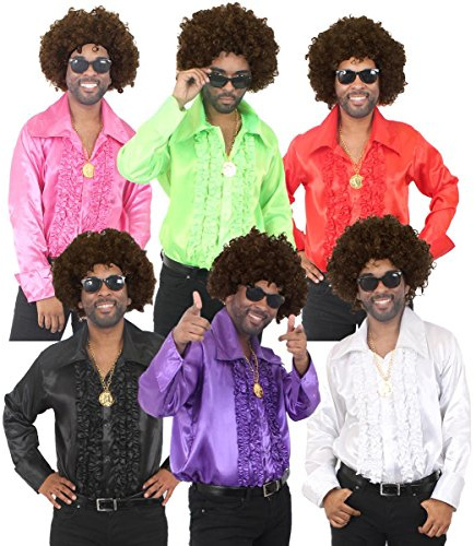 Mens 70s Disco Fancy Dress Costume Night Fever Costume - Brown Afro Wig, Disco Shirt, Gold Medallion and Style Sunglasses (Purple | Small)