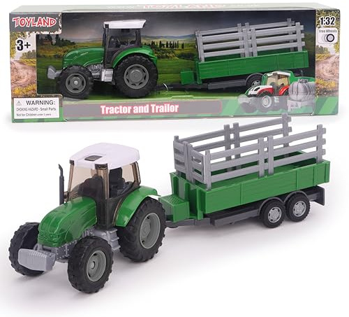 Toyland® 22.5cm Farm Tractor & Tanker/Trailer Set - Free Wheel Action - Boys Farm Toys (Green Trailer)