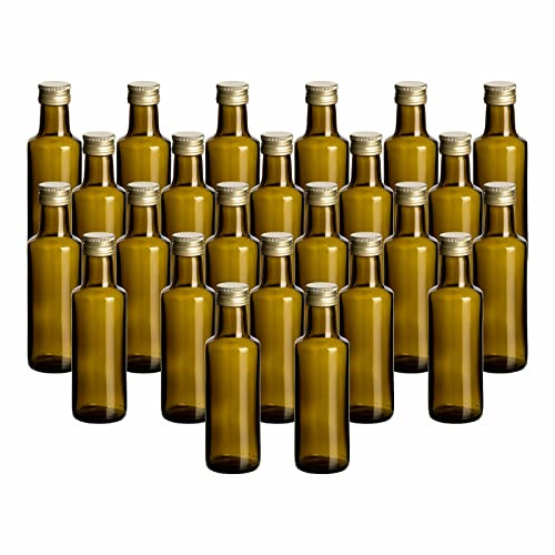gouveo DFA100G - Juego de 24 botellas de cristal (100 ml, con tapón de rosca, 0,1 l, para rellenar, licor, aceite, vinagre), color dorado