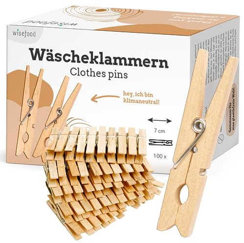 wisefood Wäscheklammern, 100 Stück naturfarbene Holzklammern aus Birkenholz 7cm, stabile und splitterfreie Holzwäscheklammern, zum Wäscheaufhängen, Basteln und Dekorieren