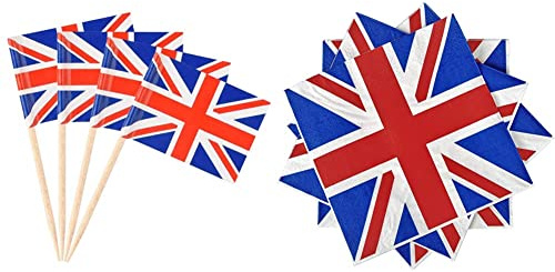 200pcs Union Jack Toothpicks British Sandwich Flags Food Cupcake Cocktail Sticks Picks & 60Pcs Great Britain GB UK Union Jack Party Napkins Serviettes BBQ Royal Theme 33cm x 33cm
