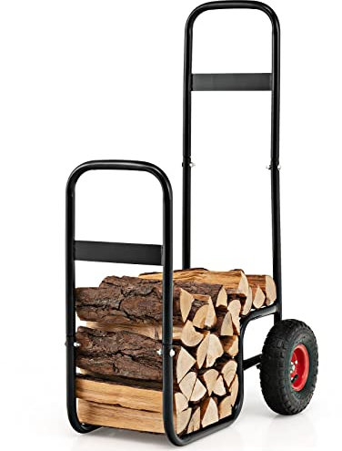 COSTWAY Carrito de Troncos de Metal, Carrito de Transporte y Almacenamiento para Leña, Carrito para Leña con 2 Ruedas de Goma, hasta 100 kg de Carga, 66 x 51 x 111 cm