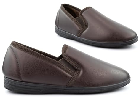 Mens Slip On Slippers Mens Faux Leather Slipper Carpet Slipper Boys Slippers Extra Large Size 13 Size 14 Sizes 6-12/13/14 Leather Effect Brown 8 UK