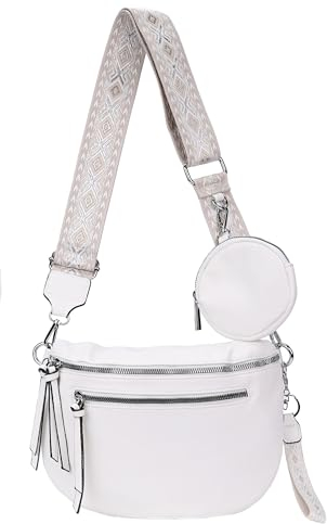 irisaa Umhängetasche Damen Crossbody Bag, 3 in 1 Schultertasche, Bauchtasche mit Reißverschluss und Verstellbarem breitem Gurt, Handtasche für Männer Frauen, DKB Farbe:Weiß Doppel