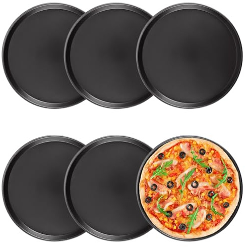 MUXHEL 6 Pcs 12 Inch Pizza Baking Pan, Black Stainless Carbon Steel Pizza Serving Tray, Nonstick Round Pizza Plate Pizza Pan for Oven Baking