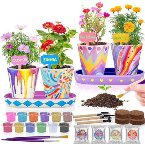 4 Set Paint & Plant Ceramic Flower Gardening Kit - Gifts for Girls Ages 8-12, Arts and Crafts for Kids Ages 8-12, Kids Gardening Set, Toys Birthday Easter Gifts for Girls Boys Ages 4 5 6 7 8 9 10 12