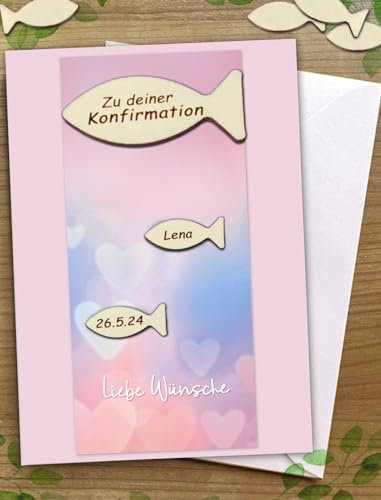 Karte zur Konfirmation, Konfirmationskarte, Fisch, Name, Datum. personalisiert