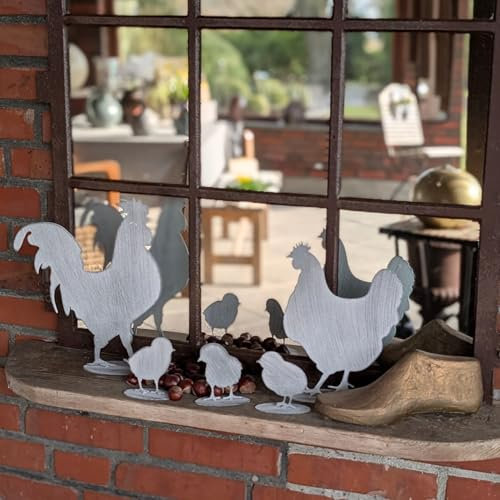 Storm's Gartenzaubereien Huhn Hahn Kücken aus Metall - Shabby Grau Lackiert - 5-teilige Gartendeko zum Stellen