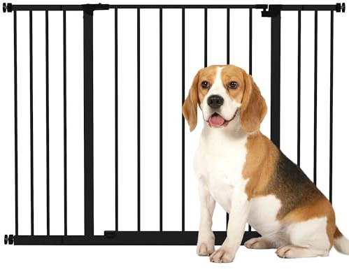 PawHut Barrera de Seguridad Extensible para Puertas y Escaleras para Perros y Bebé, Barrera para Mascotas, Ajuste a Presión, Apertura con Una Sola Mano, 2 Extensiones 15/10 cm, 76-107x76 cm, Negro