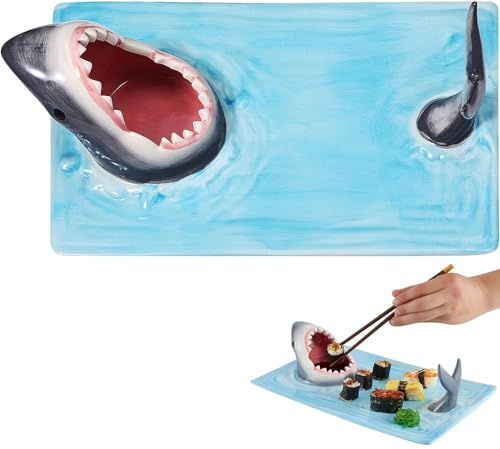 XYHAOAI Sushi Teller Shark Keramik Sushiplatte, Sushi Platte Rechteckig Keramik Frühstückstablett Sushi-Platte mit Sojasaucenschale und Essstäbchenhalter, Für Mikrowellen/ofen/Geschirrspüler