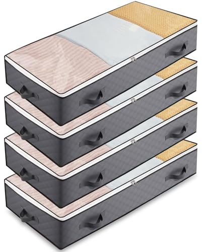 Toaren 4 Stück Unterbett Aufbewahrungsbox mit Deckel 90L Unterbettkommode Kleidung Aufbewahrungstasche,4 Haltegriffen Faltbare Aufbewahrungstasche für Bettdecken Kleidung Bettzeug Decken Kissen(Grau)