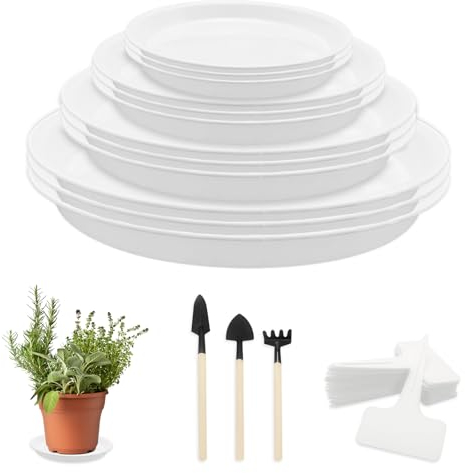 TRUEIN 12 Stück Untersetzer Blumentopf, 22.5/17.5/16.5/12.5 cm Rund Topfuntersetzer Pflanzen mit 20 Pflanzenschilder Wetterfest und 3 Gartenschaufel Klein, Pflanztopf Untersetzer für Blumentöpfe