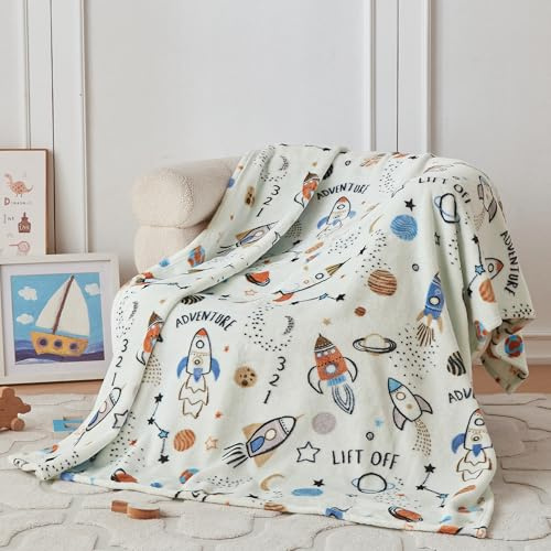 COOVA Kids Throw Blanket 50x60 Inch - Cartoon Fleece Throw, Toys for 2 3 4 5 6 7 8 9 10 11 12 Year Old Girl and boy Gifts, Soft Kids Blankets for Christmas Halloween Birthday Gifts,Spaceship Green