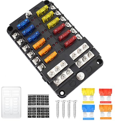 Kfz Sicherungshalter 12 Fach Sicherungskasten 24pcs Standard Flachsicherungen Sicherungsblock Schutzhülle Positiver Negativer für Auto Boot Wohnmobil Van LKW