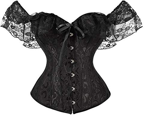 LYSINK Women's Corset Tops Sexy Lace Up Boned Overbust Corset Bustier Lingerie Bodyshaper Push Up Bodysuit Corset Top Plus Size (Bd Black, XL)