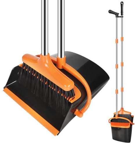 KIMIGO Set Scopa e Paletta con Manico Estendibile a 123 cm – Scopa alta,Kit Pulizie Leggero per Interni/Esterni,Cucina,Garage – scopa e paletta salvaspazio,con Design Moderno in Arancione