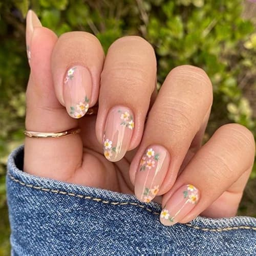 SXVME French Press on Nails Almond Shape False Nails with Small Flower Designs Daisy Floral Fake Nails Medium Length Spring Summer for Women, 24Pcs