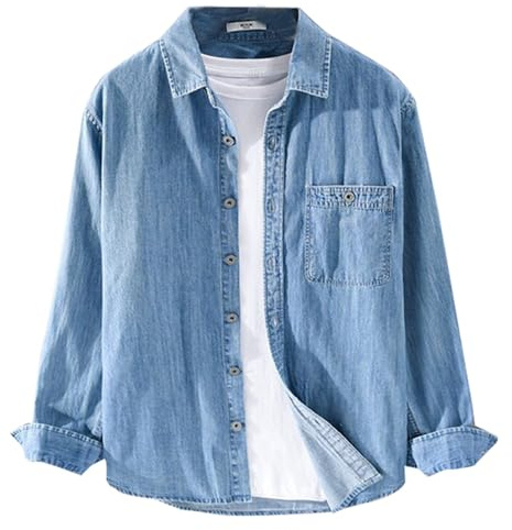 RUMAOZIA Jeanshemd Herren Langarm Weiche Baumwolle Zwei Taschen Schmale Passform Jeans Bequemes Cowboy Hemd, Klassisch Knopfleiste Sommer Tops für Herren Jeanshemden Regular Fit Freizeithemden