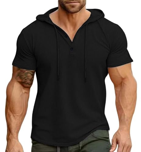 Maglietta da uomo a maniche corte a nido d'ape, casual, a maniche corte, alla moda, con cappuccio, con bottoni, comoda maglietta in cotone per allenamento, palestra, sport, bodybuilding