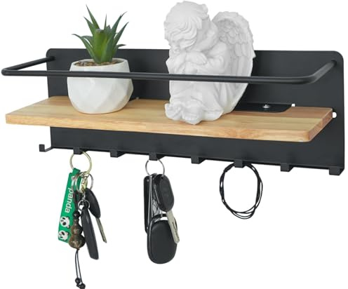 Vookkp Schlüsselbrett Holz mit Ablage, Schlüsselbrett Ohne Bohren, Wandmontage Schlüsselhalter mit 8 Haken, Dekoratives Schlüsselhalter für Eingangsbereich, Flur, Küche, Büro, Wohnzimmer