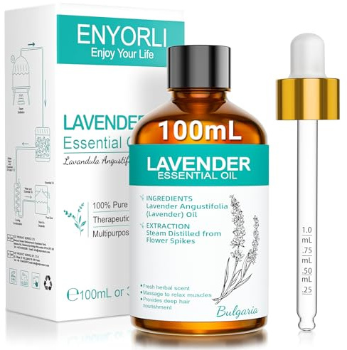 ENYORLI Lavender Essential Oil 100ml, Lavender Oil with Dropper DIY | Floral Herbal Aroma, Amber Glass Bottle With Dropper, Ideal For Diffusers, Candle Making, Soap Making And DIY Projects