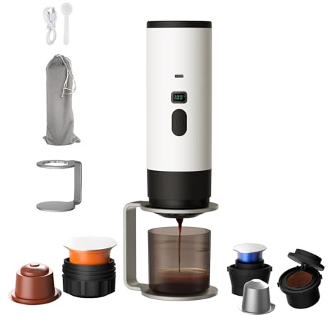 Generico Macchina Caffe Portatile 3-in-1, Macchina per Caffè Espresso con Display LED e Type-C per Viaggi, Ufficio e Auto, Auto-Riscaldamento in 3-5 Minuti (Bianco (Con supporto e velluto))