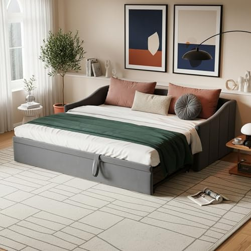 Klädd sängsoffa med gästsäng 90/180 x 200 cm, bäddsoffa med ribbotten och ryggstöd, multifunktionell säng, utdragbar spjälsäng, för 2 personer, sammet (grå A, 90/180 x 200 cm)