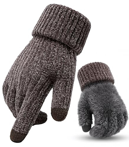 Winter Handschuhe Strickhandschuhe Herren - Touchscreen Wollhandschuhe für Herren Damen, Warme Winterhandschuhe mit Fleecefutter, Dicke Chenille Handschuhe Geeignet Outdoor Winter