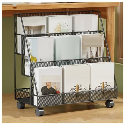 Tidningsställ, Tidningsställ I Järngolv, 3/4-lagers Arkivförvaring, Med 360-graders Universalhjul, For Vardagsrum, Kontor, Utställningscenter(Black,40x21x45cm)