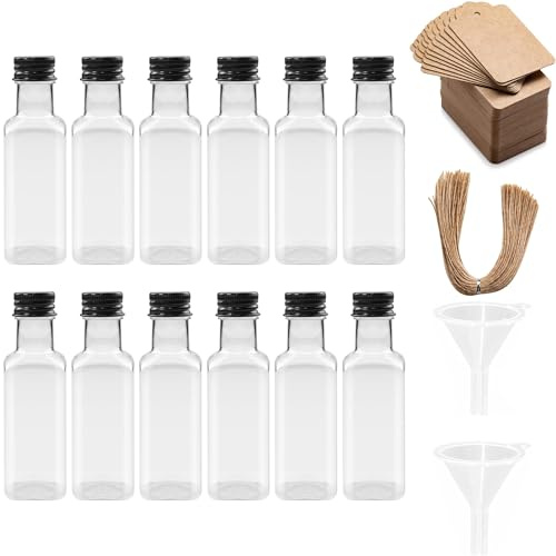 VIVIIHOO 12 Pezzi Piccole Bottiglie da 50ml per riempire, Mini Bottiglie di Liquore con Coperchio e Imbuto Neri, Bottiglie Riutilizzabili per Festa di Nozze (Quadrata)
