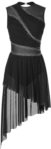 Miutii Traje Patinaje Artístico Mujer Sin Mangas Vestido Baile con Brillo Vestido Baile Lírico con Falda Asimétrica Vestuario Moderno Y Contemporáneo Negro M