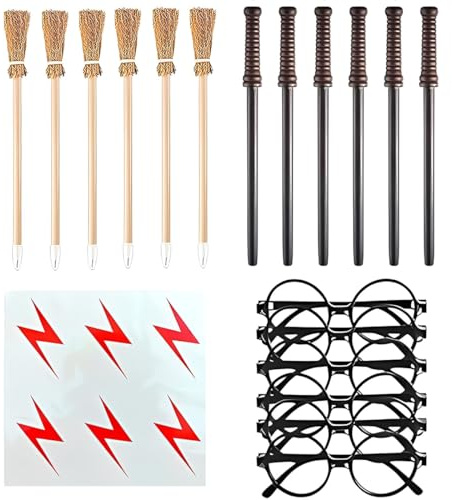 KEPYATI 24 Pièces Crayons De Baguette Magique Et De Balai Ensemble Avec Magiciens Lunettes Et Tatouages Foudre Pour Soirée Magique Décor Cadeau Fête Récompenses Scolaires (6 De Chaque)