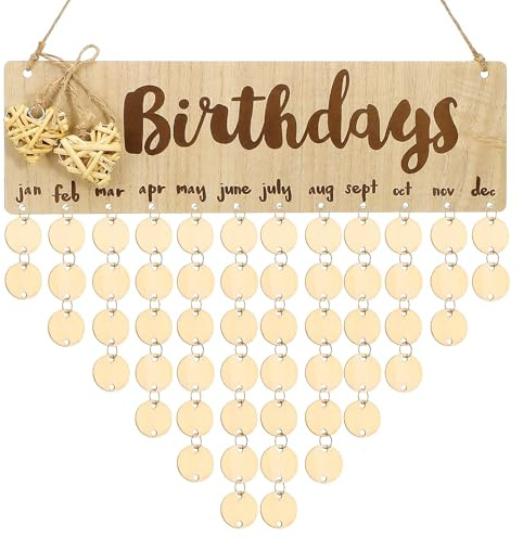 JEWEDECO Calendario di Compleanno in Legno da Appendere alla Parete Funzione Promemoria e Dischi Riordinabili, Decorazione per Feste di Compleanno e Famiglia