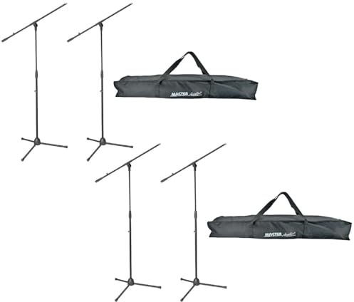 4 x ADAM HALL Eco Mikrofonständer Mikrofonstativ S5BE mit Galgen/Schwenkarm, Höhe 98 bis 162 cm Schwarz + 2 x Tragetasche für 2 Stative
