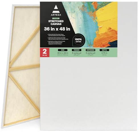 ARTEZA Stretched Canvas, 36 x 48 Inches, Pack of 2, Blank White Large Canvas for Painting for Acrylic, Oil and Gouache Paints