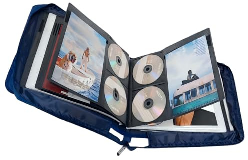 DVD CD Storage Wallet Case with Extra Wide Title Cover Pages for Blu Ray Movie Music Audio Media Disk (Portable Carrying Binder Holder Album Home Organizer)- Blue, 128 disk units, 64 booklet pockets